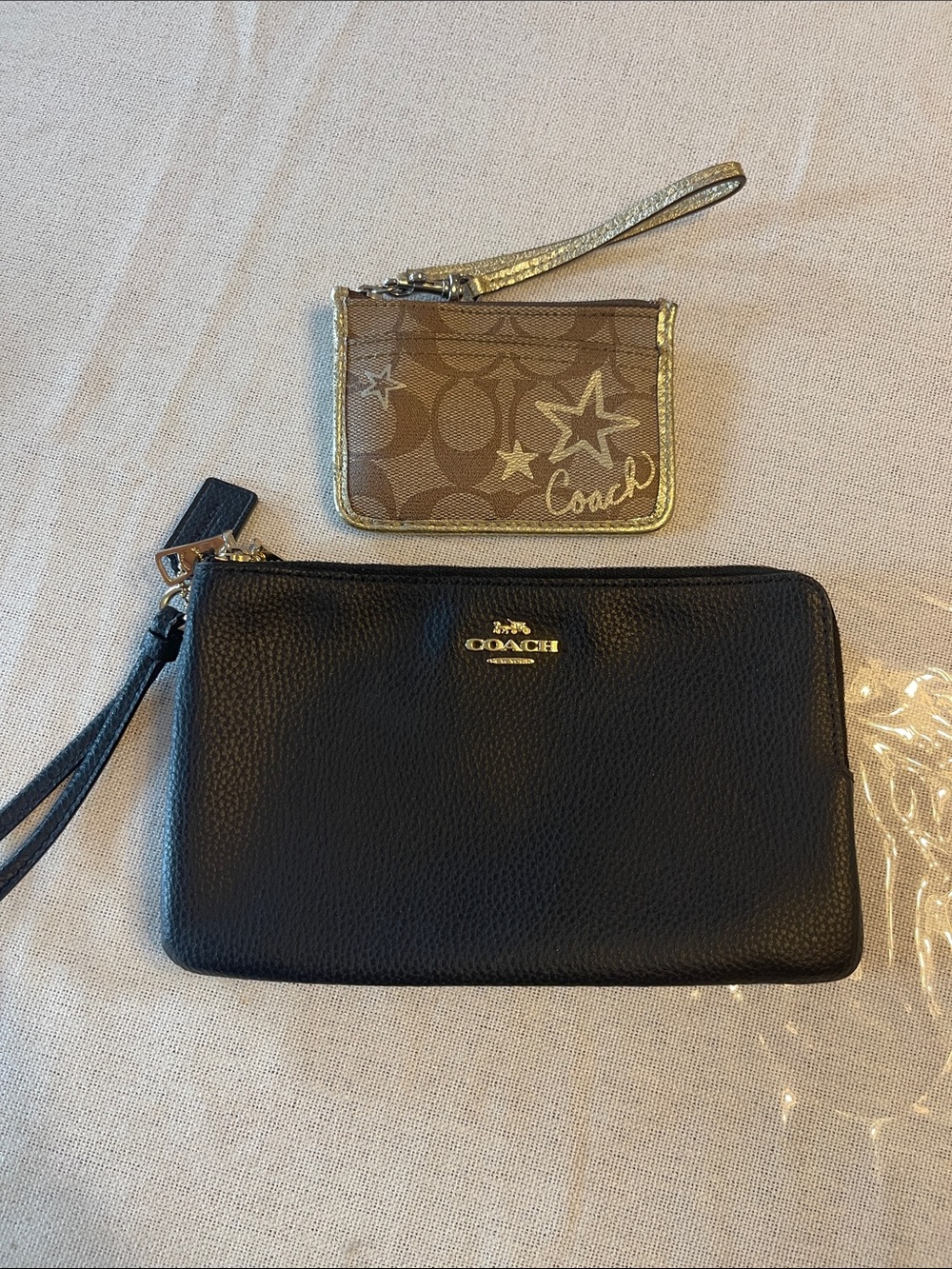 Coach Black Pebbled Leather Wristlet with Signature Brown Card Pouch
